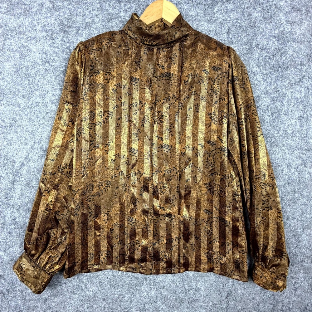 Vintage Nicola Blouse Womens 6 Brown Floral Striped Satin Silky Office Siren